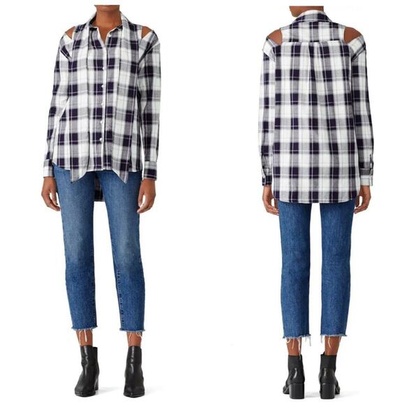 Luxe by Stylekeepers Autumn Break Top Blue Plaid Cold Shoulder Tie Shirt Size M - Picture 4 of 8